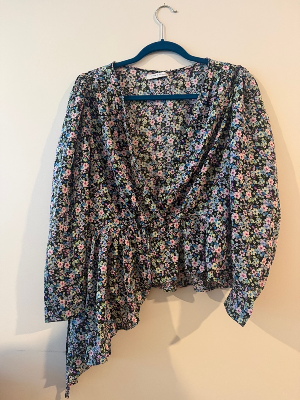 Zimmermann Black Floral V-Neck Ruffled Peplum Blouse with Pastel Flowers